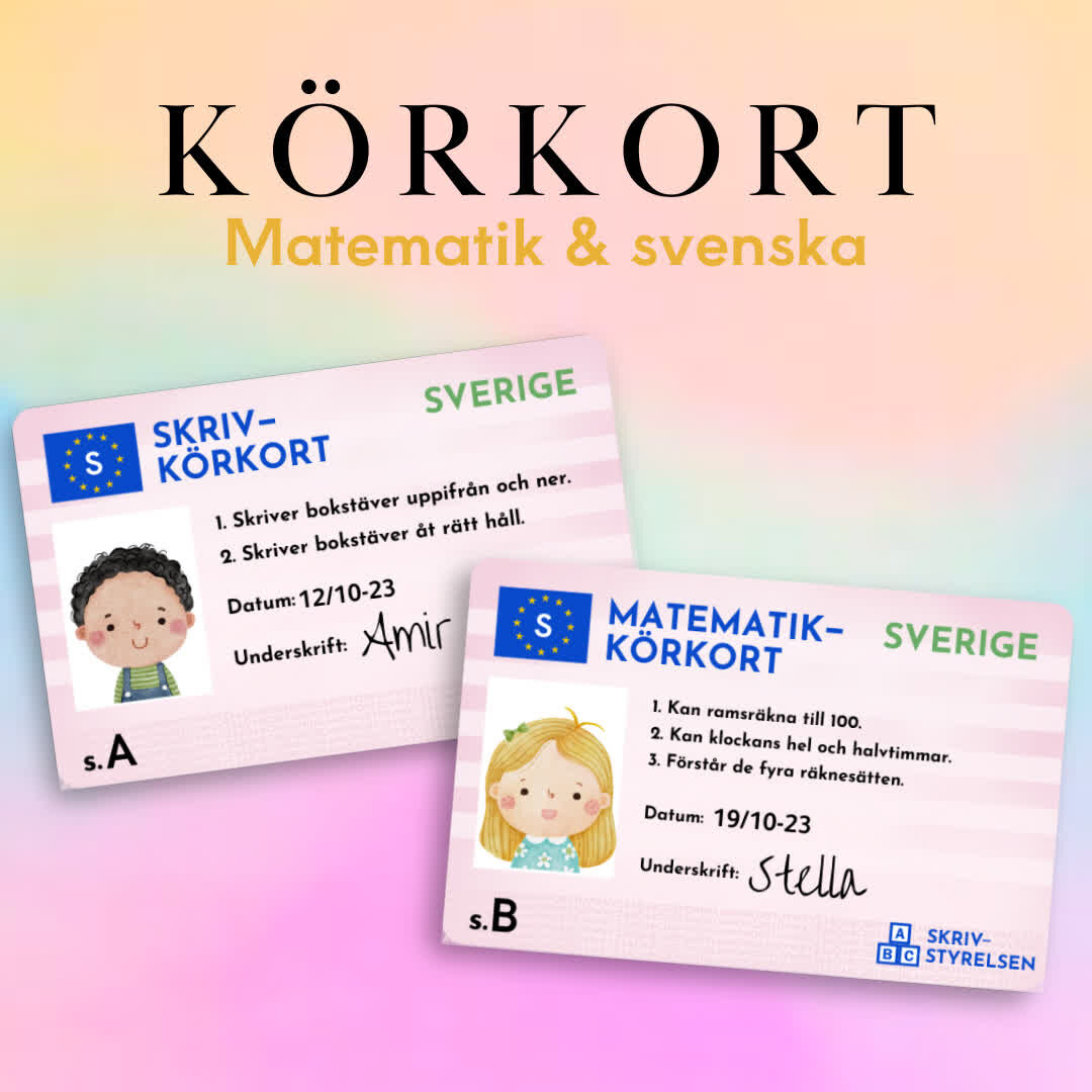 Upptäck vägen till kunskap med Kunskapskörkort i Matematik och Svenska!  Med tre kategorier – Skriv, Läs och Matematik – får eleverna en tydlig struktur för bedömning och måluppfyllelse, samtidigt som de har roligt på vägen till att bli kunskapsmästare.  Skapa en inspirerande och motiverande lärandemiljö genom Kunskapskörkort i Matematik och Svenska. Främja bedömning och måluppfyllelse som en rolig och givande resa för varje elev.  Ge dina elever verktyg för framgång och låt dem navigera mot kunskapens väg med Kunskapskörkort – där varje körkort är ett steg mot framsteg och lärande!
