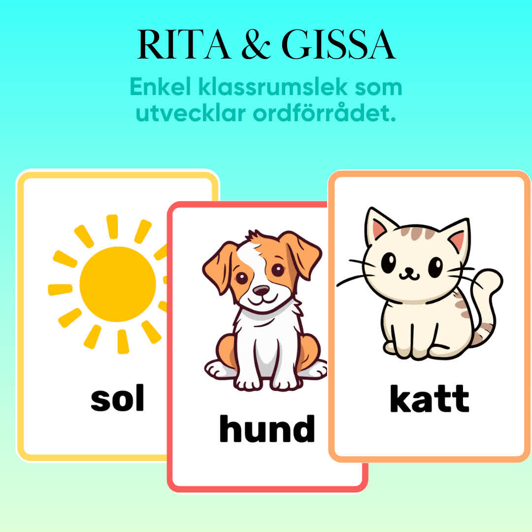 ”Rita & gissa kort” innehåller 40 olika kort med bildstöd för inkludering och åldersanpassning. Använd korten i klassrumsvarianten, gruppvarianten eller två-och-två-leken för en rolig och interaktiv aktivitet.