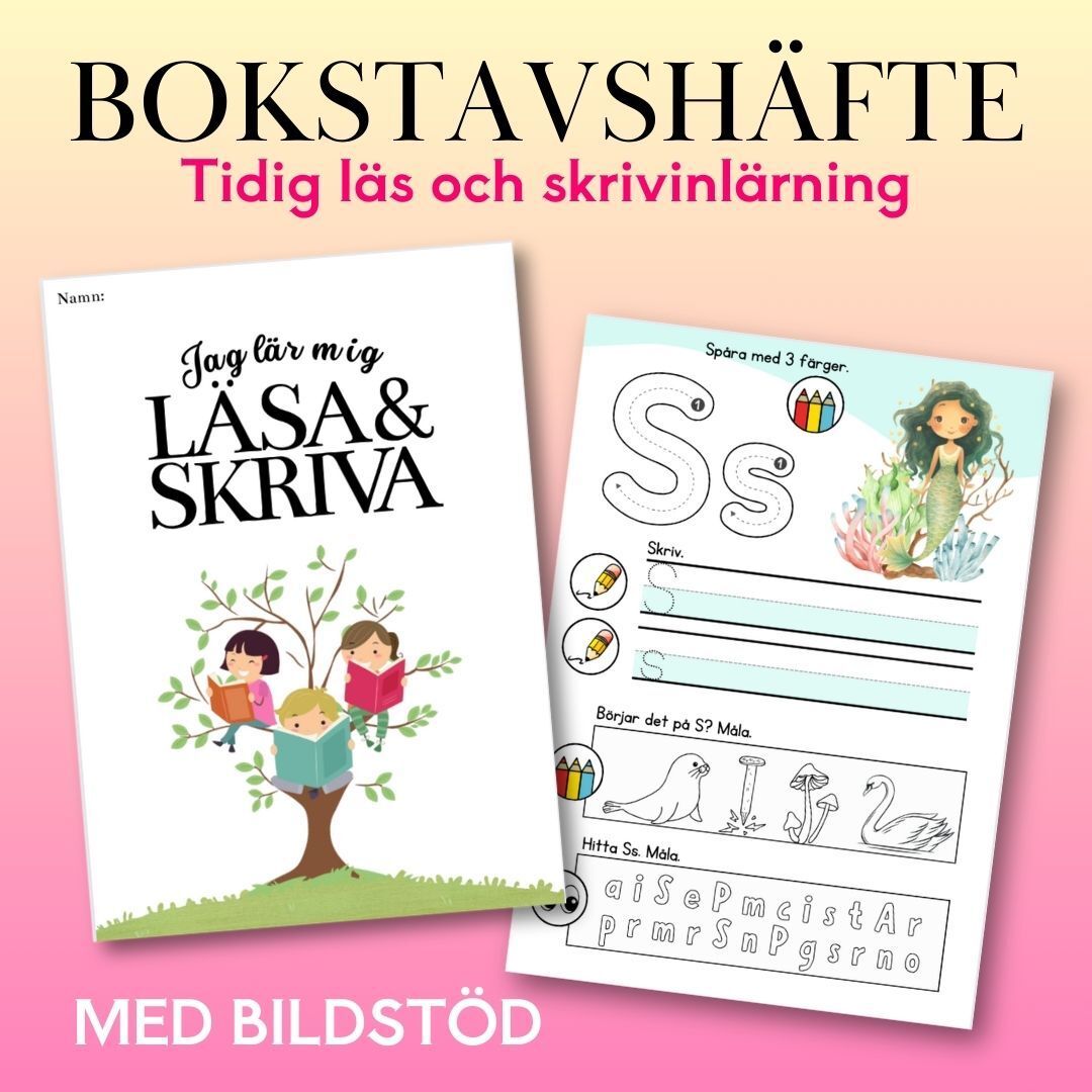 Bokstavshäftet är utformat med bildstöd till varje uppgift för att underlätta elevernas förståelse. Här är en genomgång av symbolerna:  Pennan betyder: Skriv. Eleverna ska använda pennan för att skriva eller spåra bokstäverna.  Färgpennorna betyder: Måla. Eleverna ska färglägga och markera specifika delar i övningarna.  Ögonen betyder: Leta. Detta innebär att eleverna ska använda sina ögon för att leta efter rätt svar eller information i bilderna.  Detta system är särskilt utformat så att även de elever som ännu inte kan läsa kan följa instruktionerna på egen hand. Gå igenom symbolerna tillsammans med eleverna innan ni börjar arbeta i häftet. För de elever som kan läsa finns även textbeskrivningar som stöd.  Genom att använda dessa tydliga symboler blir det enkelt för alla elever att förstå vilken aktivitet som förväntas, oavsett läsförmåga. Detta skapar en inkluderande miljö där alla elever kan delta och utföra uppgifterna på sitt sätt.  Bokstavshäftet innehåller två sidor per bokstav, där varje bokstav följer samma tydliga struktur. När eleverna blivit bekanta med upplägget kan de genomföra övningarna självständigt.