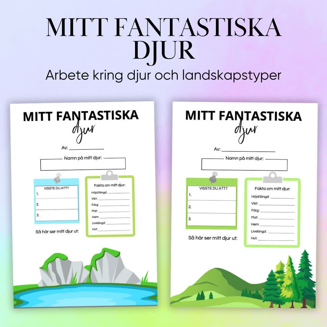 ”Mitt fantastiska djur – projektarbete” är ett engagerande arbetsblad som låter eleverna utforska djur och deras hemmiljöer på ett kreativt sätt. På arbetsbladet får eleverna skriva djurets namn, tre roliga fakta, samt lista kännetecken som vikt, mat, färg, och andra egenskaper. Detta uppmuntrar eleverna att lära sig mer om djuren samtidigt som de förbättrar sina skriv- och forskningsfärdigheter. På ett separat papper målar eleverna djuret, klipper ut bilden och klistrar fast den på arbetsbladet, vilket ger en färgglad och personlig touch till deras arbete. Perfekt för projektarbeten om djur i naturkunskapen.