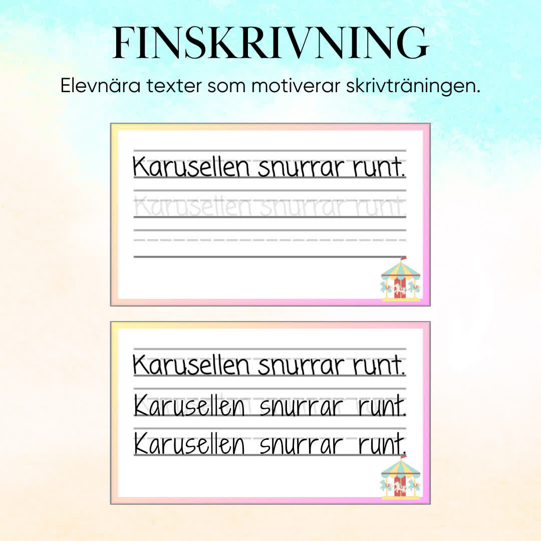 Detta paket innehåller 52 finskrivningskort utformade för att förbättra elevers handskrivning. Korten har elevnära texter som motiverar och engagerar eleverna i deras skrivträning. Läraren kan välja att laminera korten så att eleverna kan använda whiteboardpennor och skriva om och om igen, eller skriva ut korten så att eleverna kan öva på papper. Detta flexibla och inspirerande material stödjer utvecklingen av tydlig och korrekt handskrift.