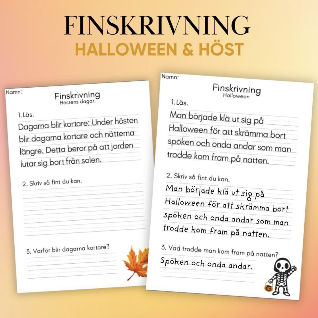 Finskrivning Höst och Halloween är ett roligt och pedagogiskt material för elever i årskurs 2–3. Det innehåller fyra finskrivningsövningar: två med hösttema och två med halloweentema. Varje övning har längre texter och stödlinjer som hjälper eleverna att öva sin handstil och skriva tydligt och prydligt