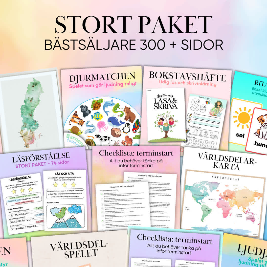 Detta paket är fyllt med allt du behöver för att inspirera och underlätta din undervisning – från konkretiserande material och utförliga checklistor till kreativa bokstavshäften, spel, memory, kartor och läsförståelseövningar. Perfekt för dig som vill ha en komplett verktygslåda för att engagera dina elever och skapa en strukturerad och rolig inlärningsmiljö. Missa inte chansen att få alla favoriter samlade i ett prisvärt paket! Fyllt med pedagogiska verktyg som konkretiseringar, checklistor, spel, läsförståelse och mer – allt du behöver för att göra undervisningen både rolig och effektiv. Perfekt för att skapa struktur och variation i klassrummet!